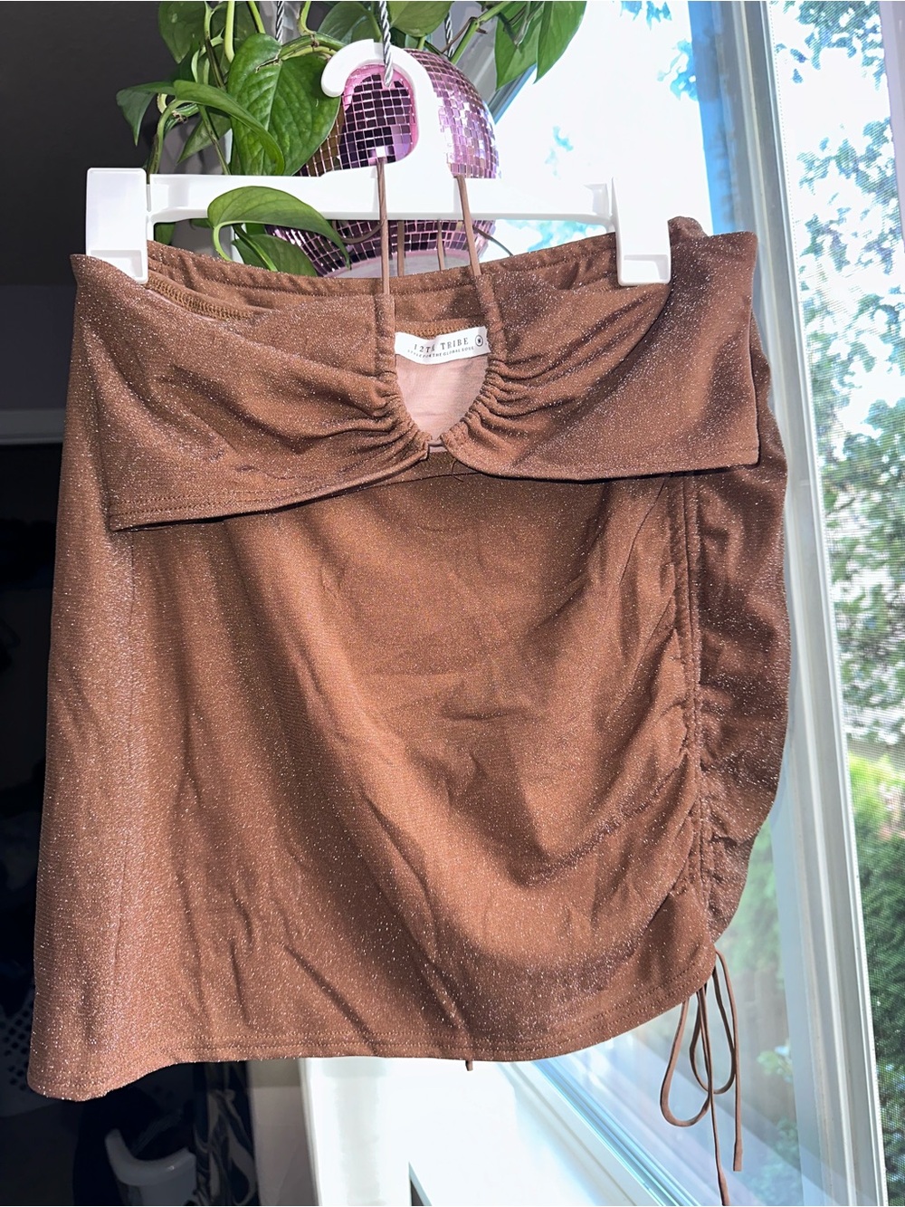 12th Tribe Shimmery Brown Ruched Tie Mini Skirt( 2- piece set)